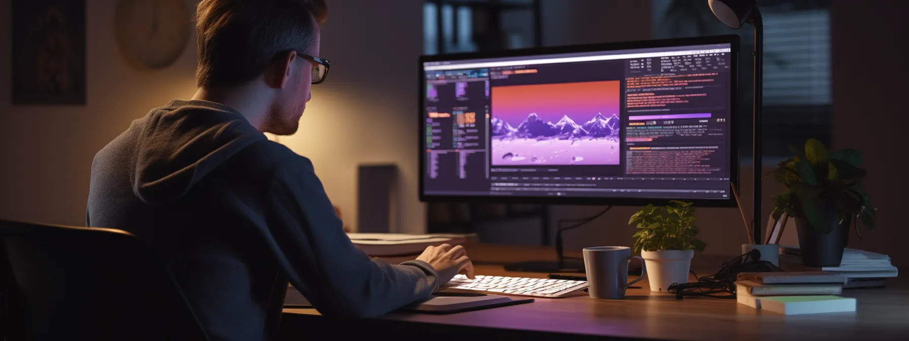a person sitting at a computer, watching a screen displaying seotheory's website with a confident smile.