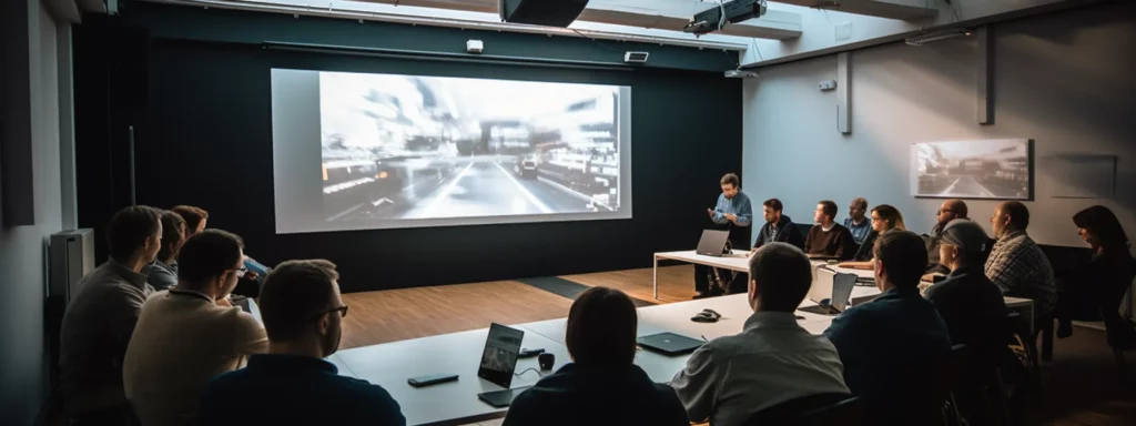 a group of beginners sitting at tables in a workshop with a projection screen displaying seo strategies.