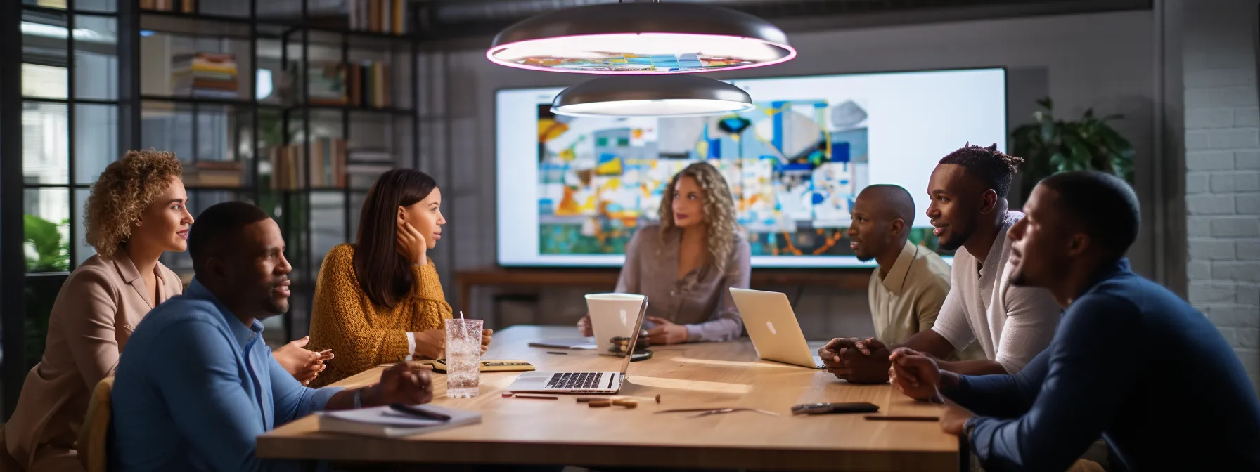a group of diverse individuals studying and discussing seo strategies in a vibrant classroom setting.