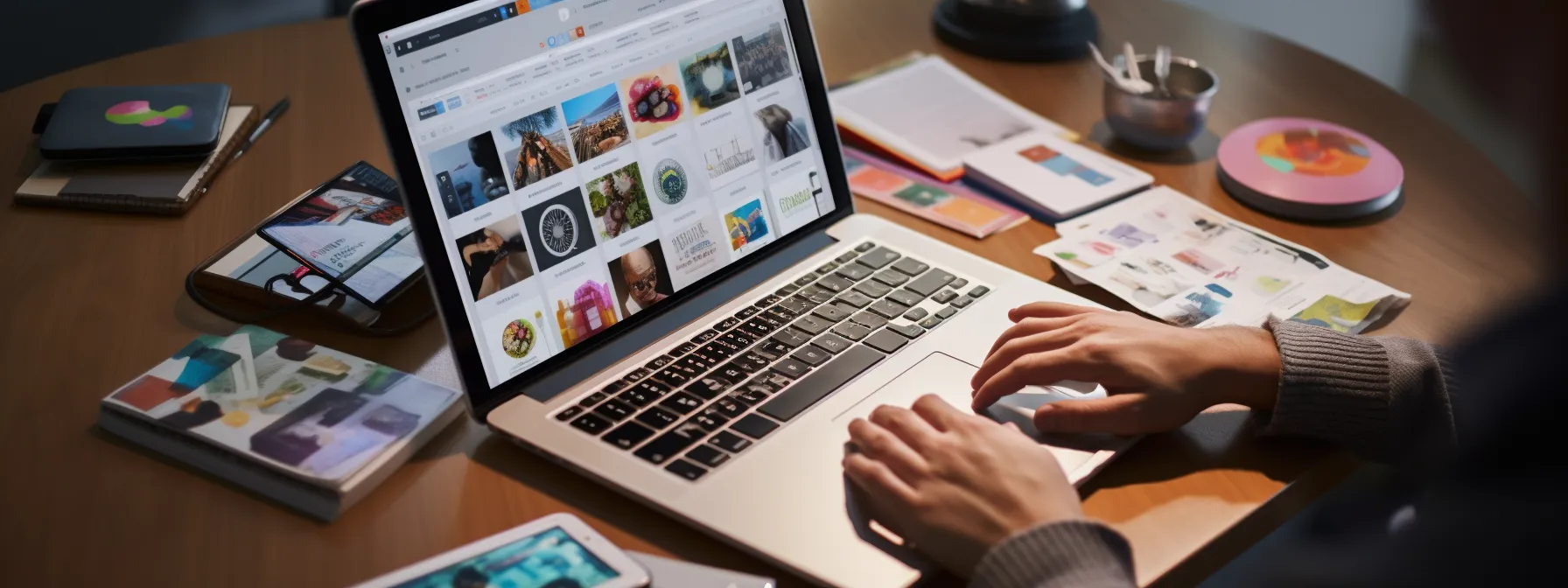 a person typing on a laptop and surrounded by various marketing materials, including blog posts, videos, buyer guides, and user-generated content, to develop a comprehensive content strategy.