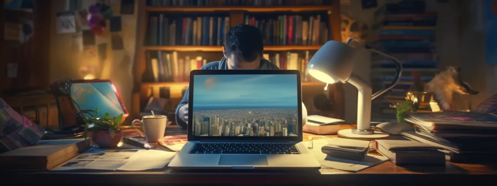 a person typing seo keywords into a laptop while surrounded by books and marketing materials.