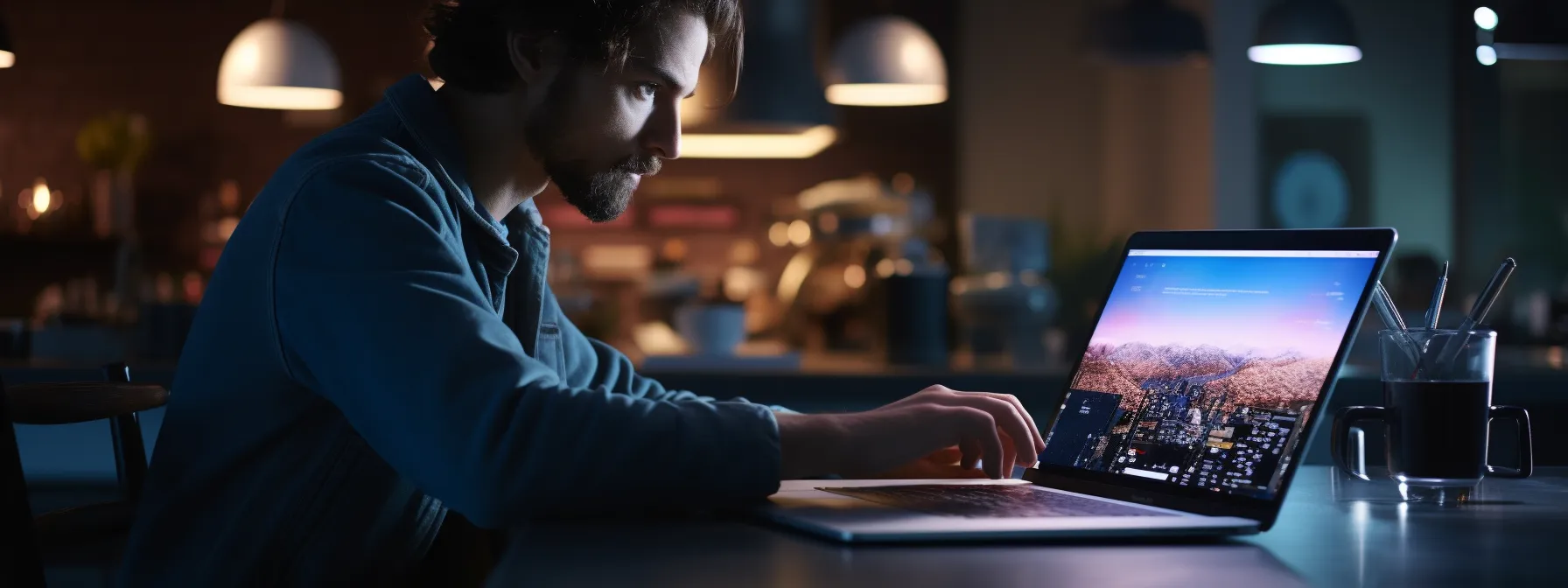 a person studying digital marketing on a laptop with a focused expression.
