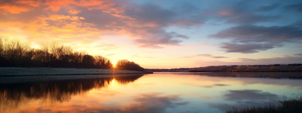 a serene landscape with a colorful sunset reflecting on a calm lake.