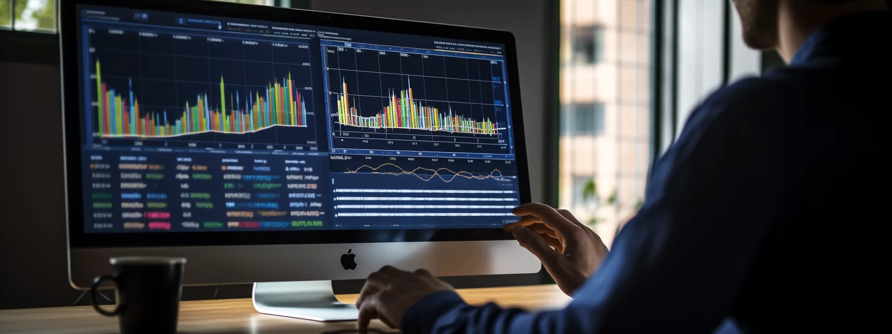 a person analyzing seo performance metrics on a computer screen with a chart of organic traffic, keyword rankings, and bounce rates visible.