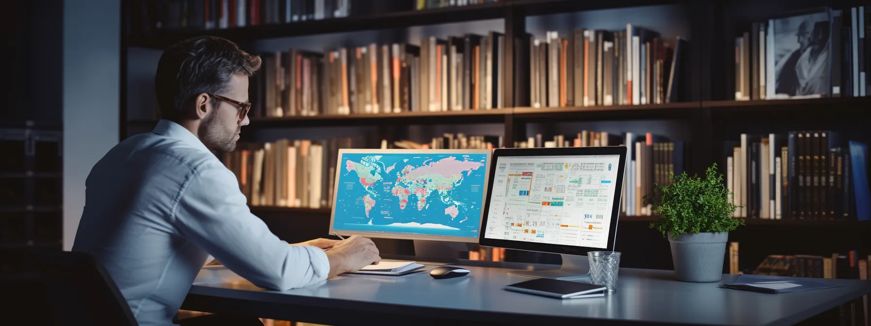a person sitting at a desk, surrounded by seo books and computer screens displaying keyword research tools and analytics.