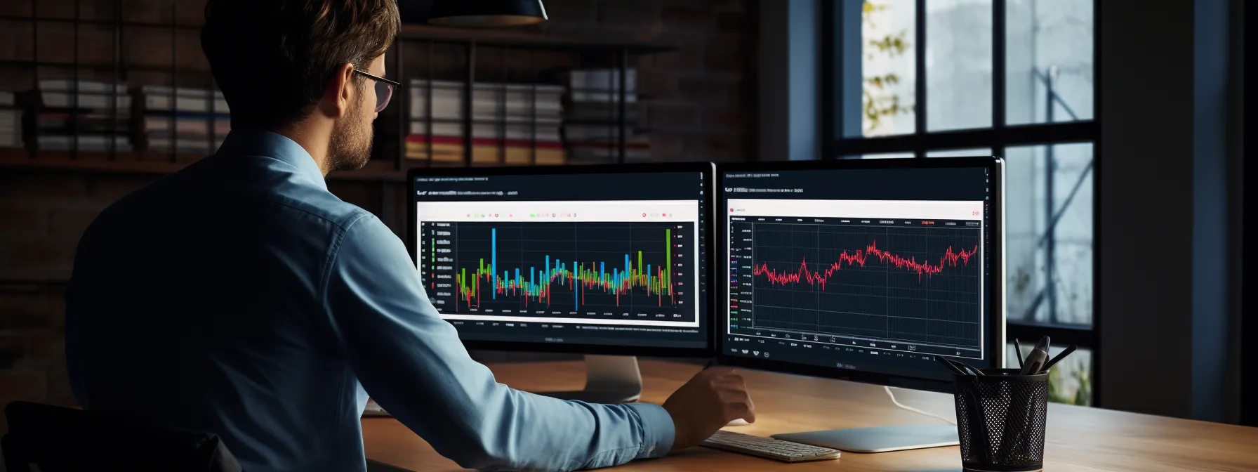 a person intensely analyzing graphs and charts related to seo metrics on a computer screen.