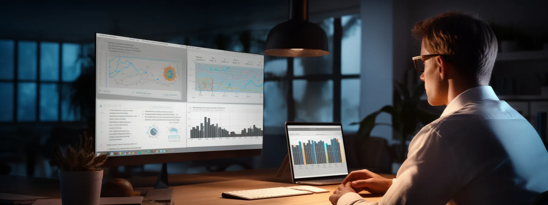 a person studying a computer screen filled with graphs and data related to search engine optimization and link building.