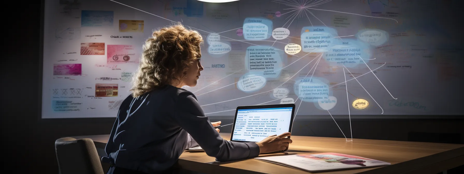 a person sitting at a desk with a laptop, surrounded by papers and a whiteboard with diagrams of different types of backlinks.